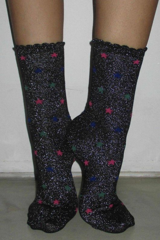 Star Scalloped Glitter Socks Black Silver